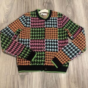 Teddy Fresh XS Neon Color block Houndstooth Button Front Cotton Cardigan Sweater